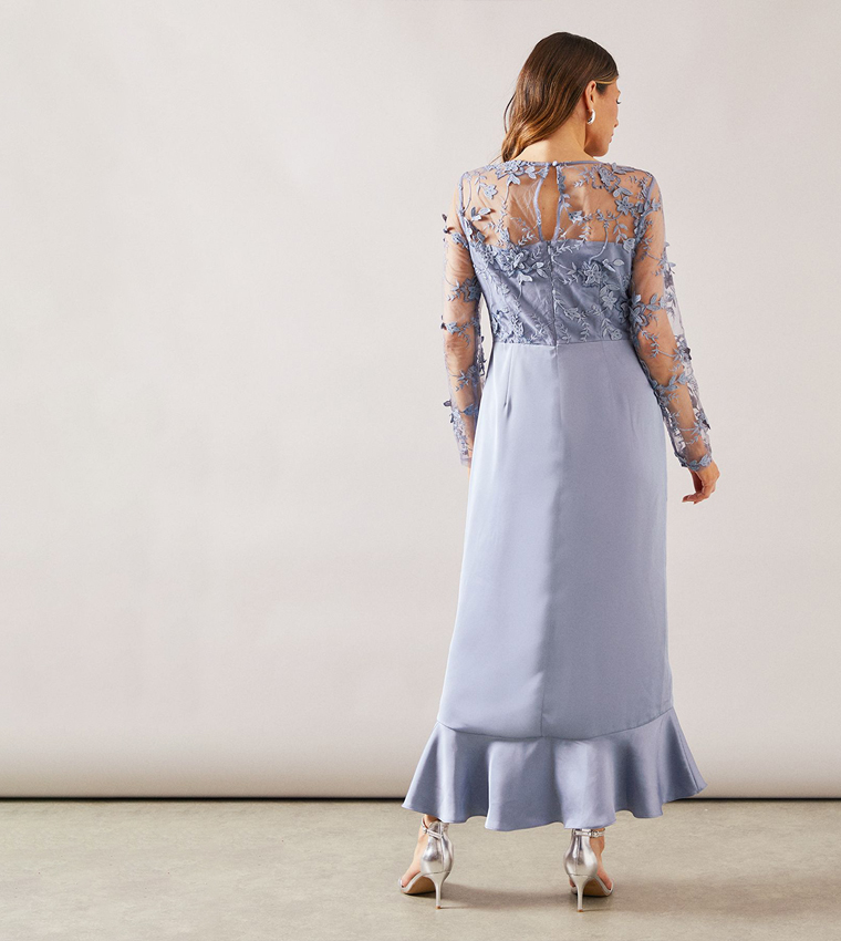 Satin & Mesh Overlay Ruffle Occasion Maxi Dress
