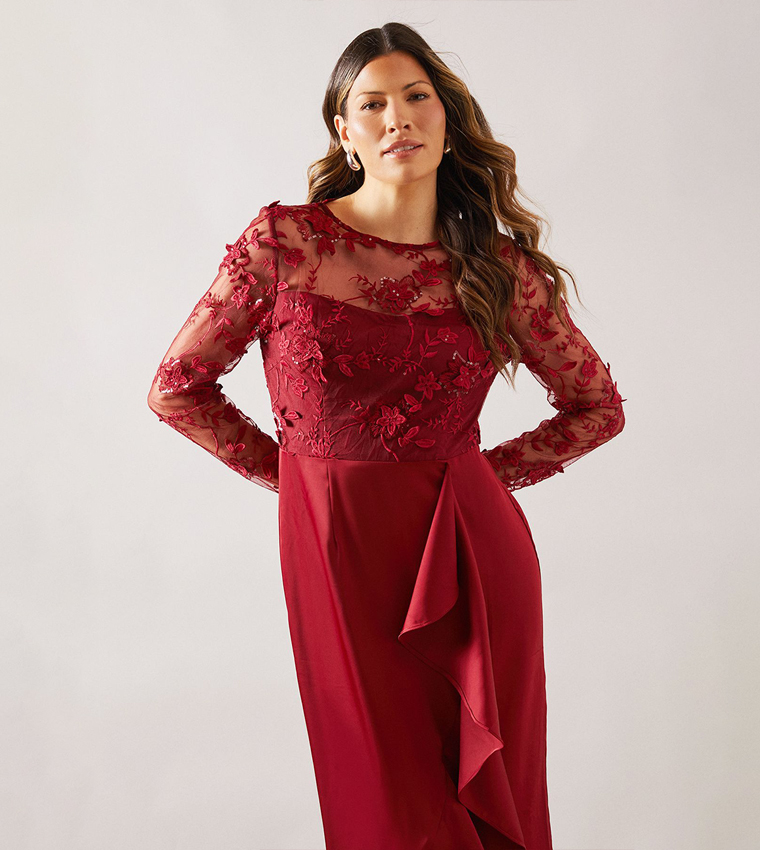 Satin & Mesh Overlay Ruffle Occasion Maxi Dress