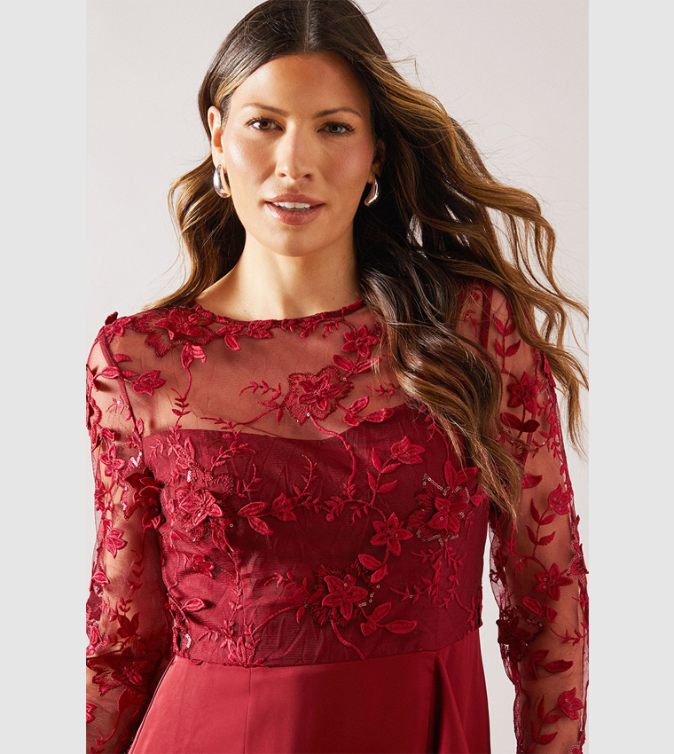 Satin & Mesh Overlay Ruffle Occasion Maxi Dress