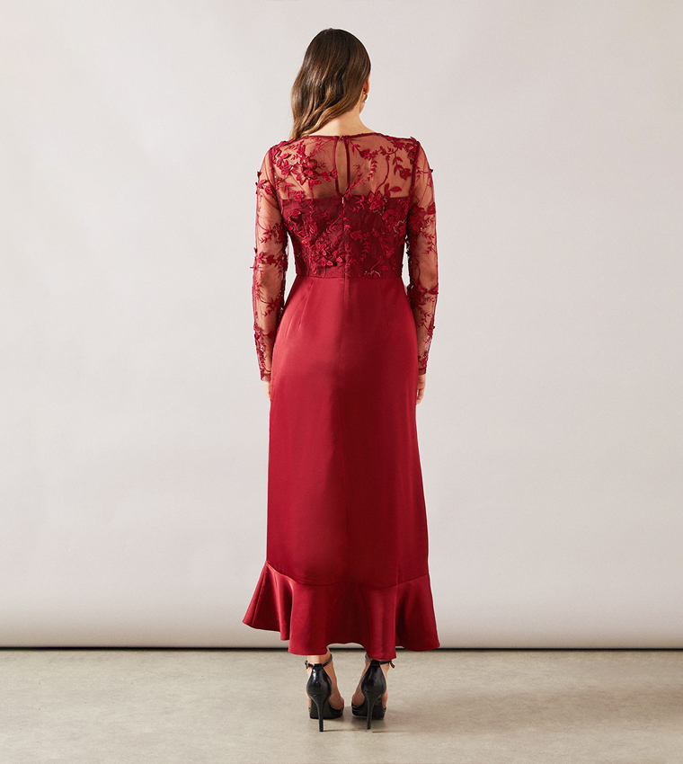 Satin & Mesh Overlay Ruffle Occasion Maxi Dress