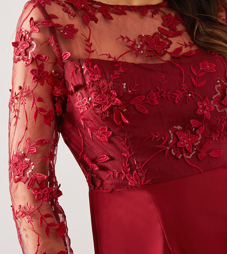 Satin & Mesh Overlay Ruffle Occasion Maxi Dress