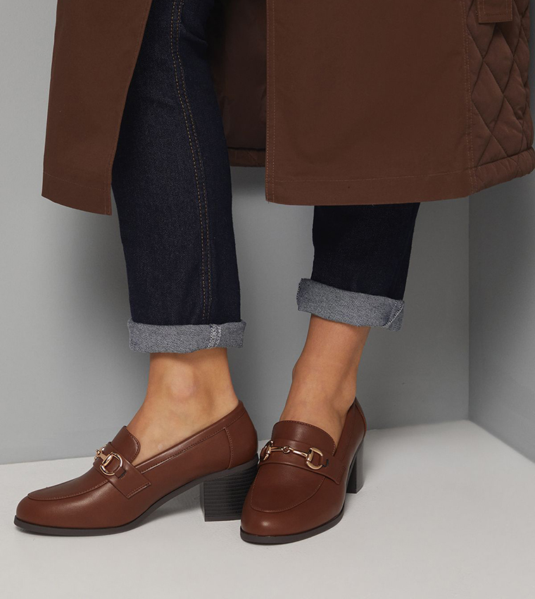 Lydia Faux Leather Snaffle Trim Block Heel Loafer Pumps