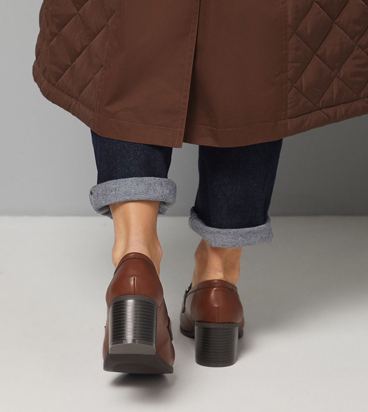 Lydia Faux Leather Snaffle Trim Block Heel Loafer Pumps