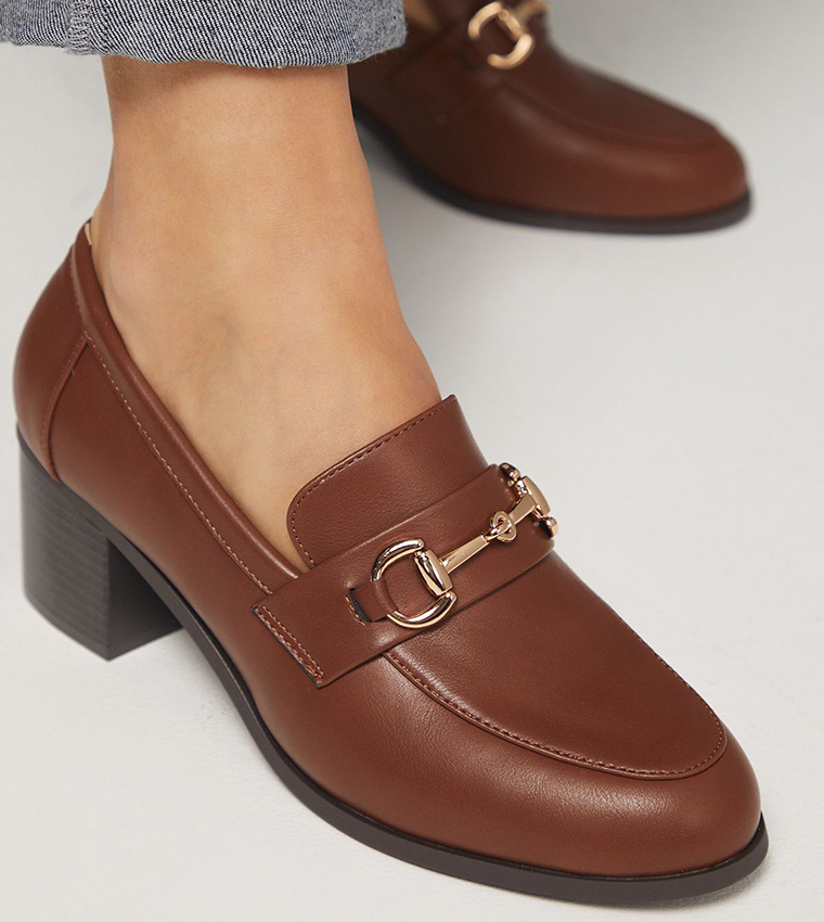 Lydia Faux Leather Snaffle Trim Block Heel Loafer Pumps