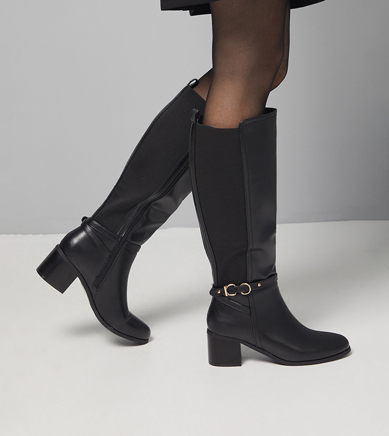 Hills Faux Leather Back Stretch Block Heel Calf High Boots