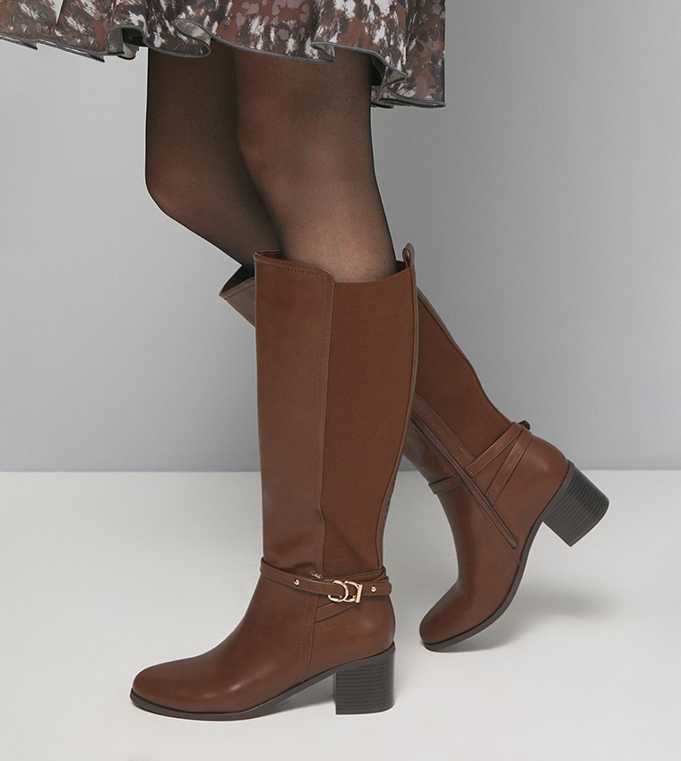 Hills Faux Leather Back Stretch Block Heel Calf High Boots
