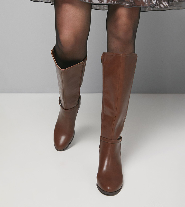 Hills Faux Leather Back Stretch Block Heel Calf High Boots