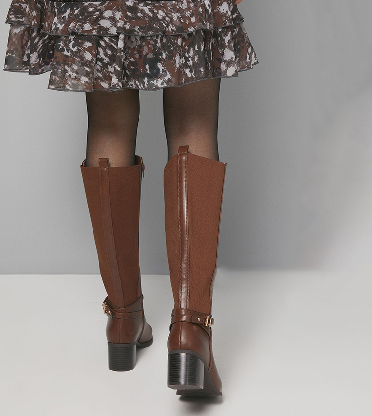 Hills Faux Leather Back Stretch Block Heel Calf High Boots