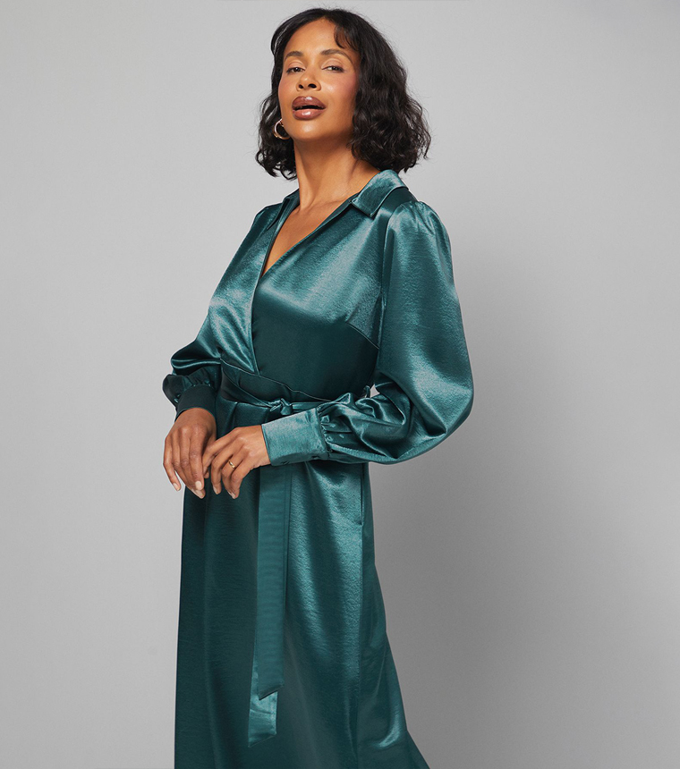 Tie Waist Collared Satin Midi Dress