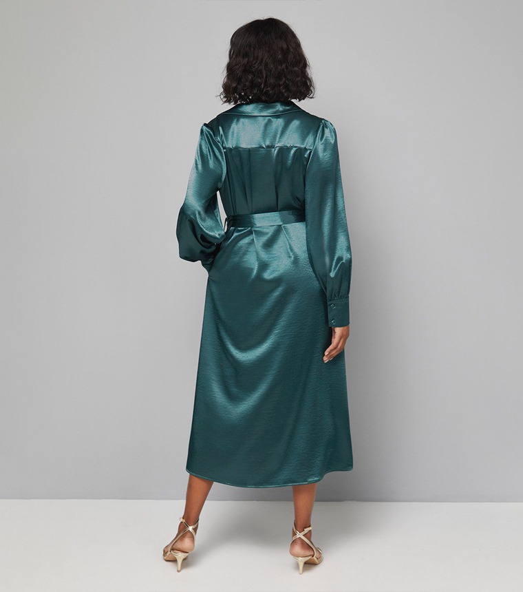 Tie Waist Collared Satin Midi Dress
