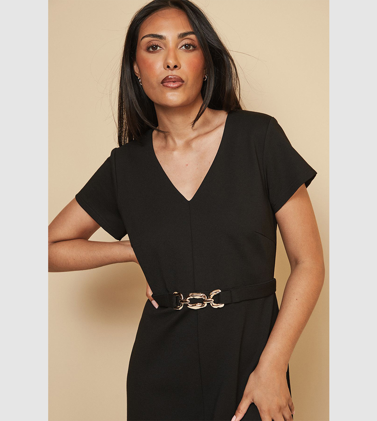 Petite Ponte Jersey Buckle Detail Midi Dress