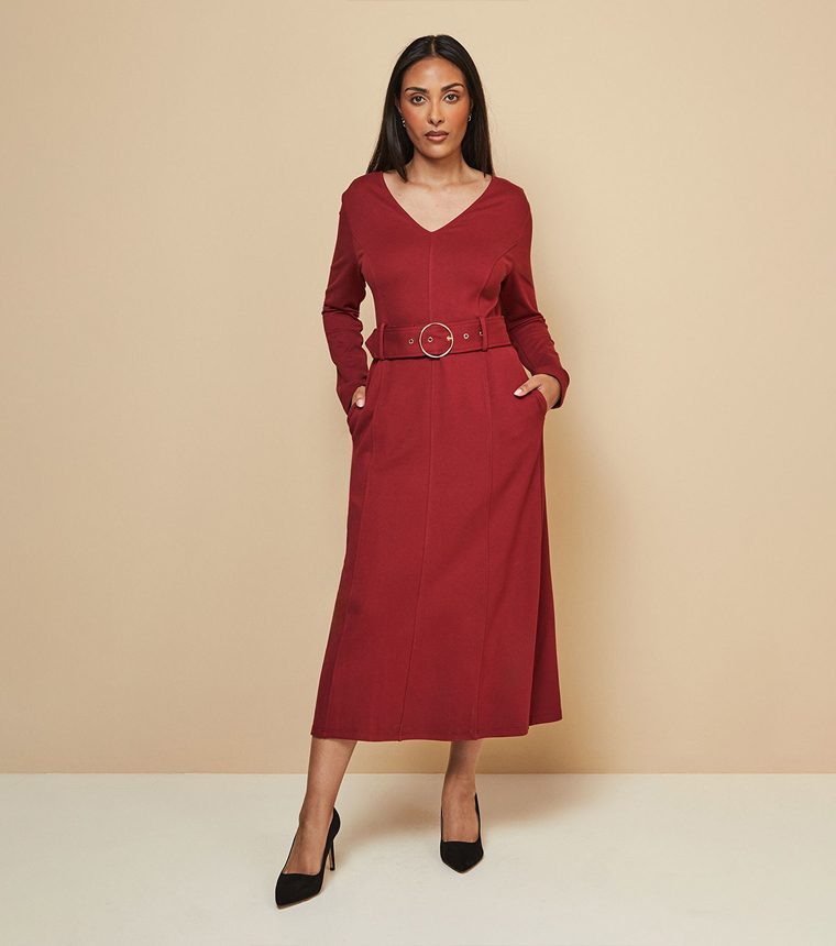 Petite Ponte Jersey Belted Midi Dress