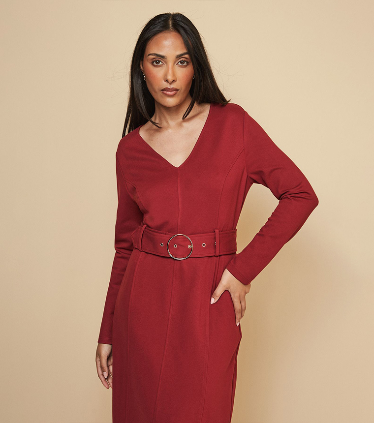 Petite Ponte Jersey Belted Midi Dress