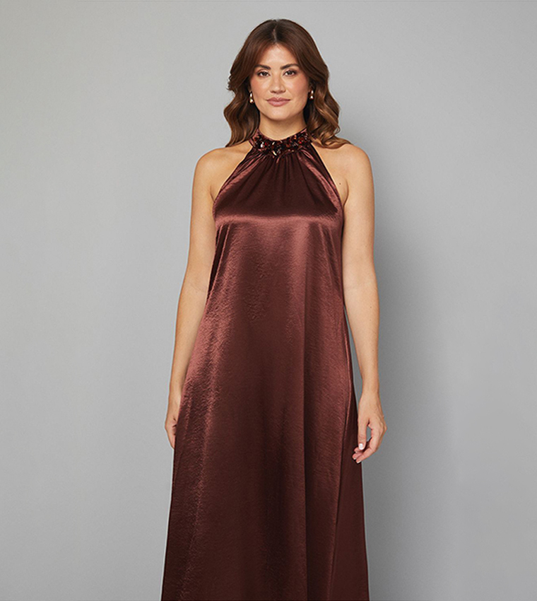 Buy Wallis Satin Embellished Floral Neck Trim Halter Dress In Dark Brown |  6thStreet Kuwait