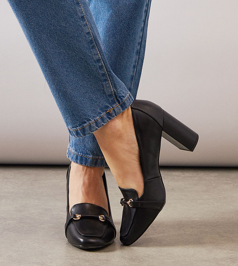 Wide Fit Lucky Faux Leather Block Heel Loafer Pumps