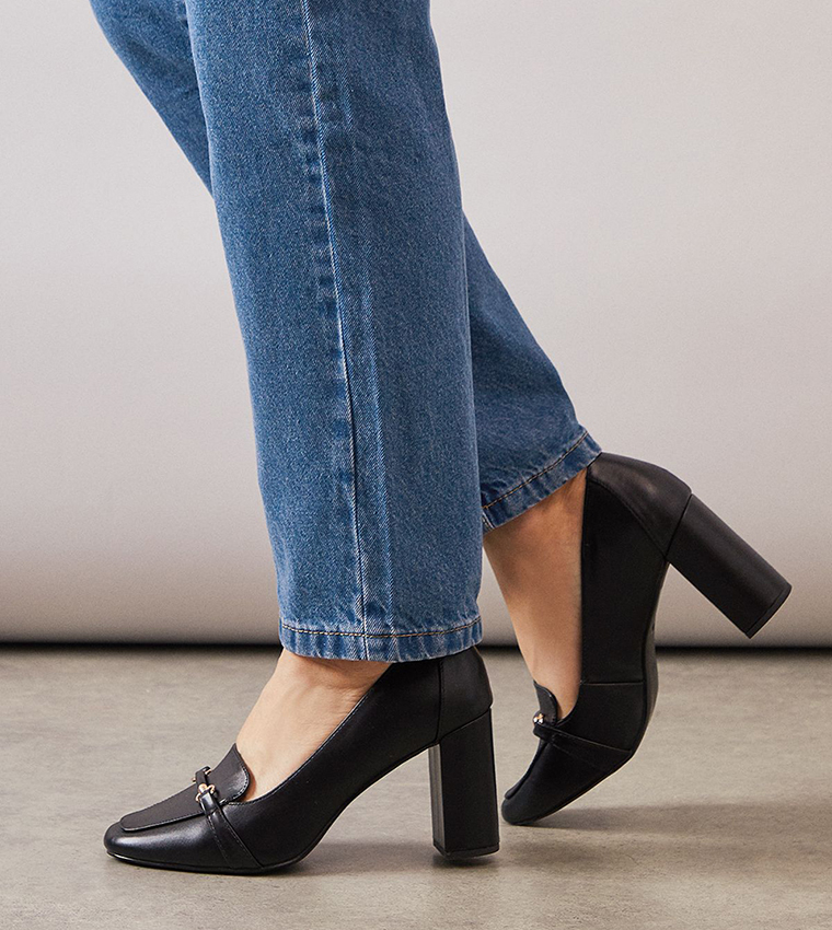 Wide Fit Lucky Faux Leather Block Heel Loafer Pumps