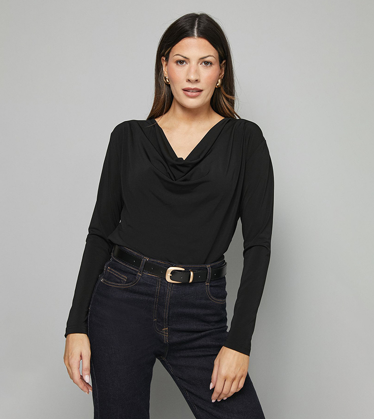 توب جيرسي بسادة بياقة منسدلة 