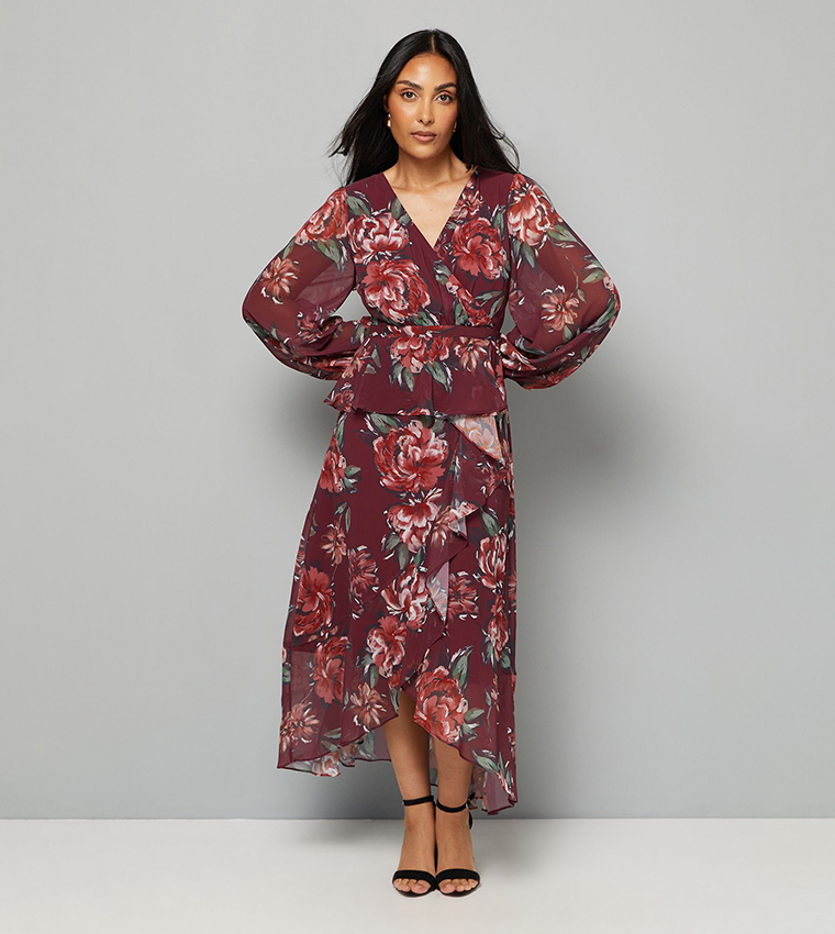 Petite Floral Ruffle Peplum Midi Dress