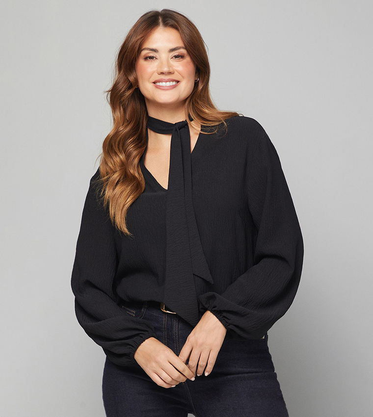 Tie Neck Long Sleeves Woven Top