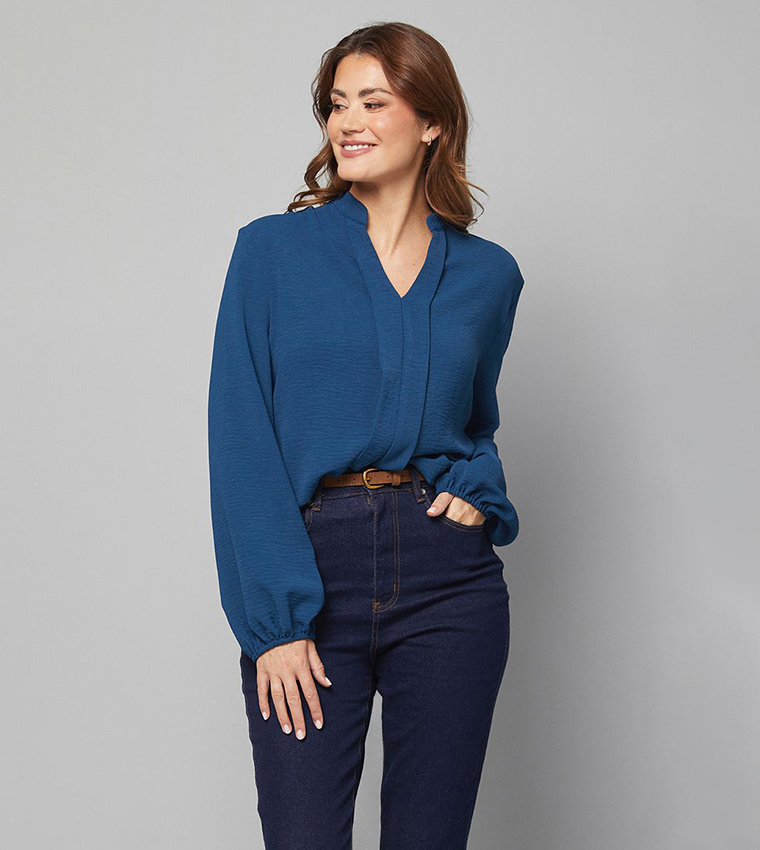 Crew Neck Long Sleeves Woven Top