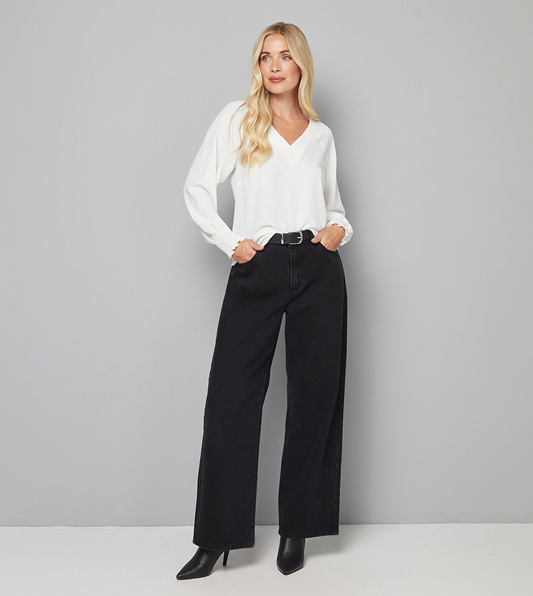Petite Woven Shirred Cuff V-Neck Top