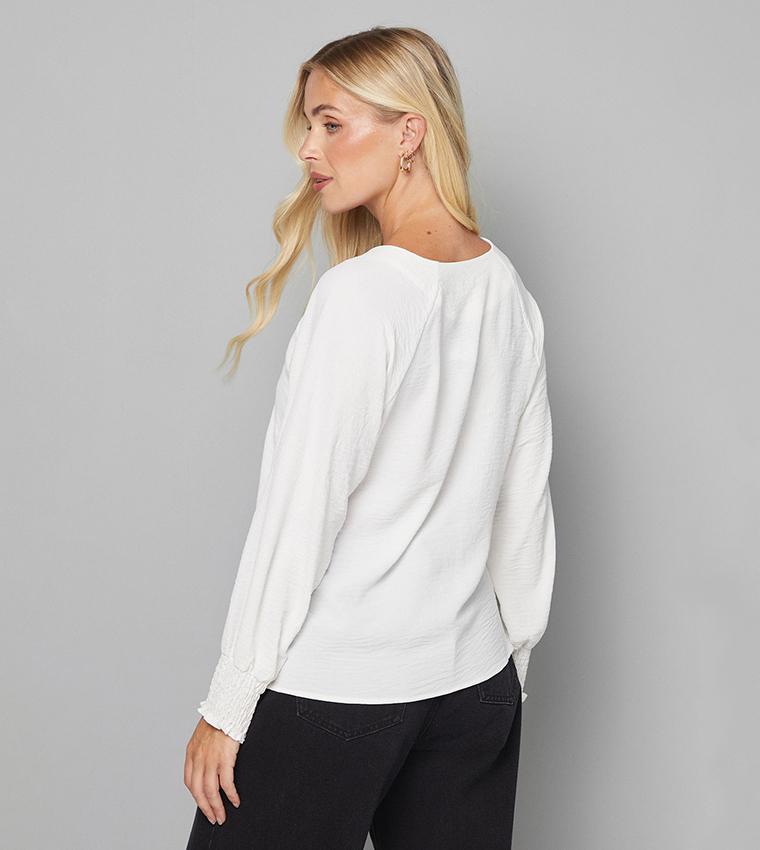 Petite Woven Shirred Cuff V-Neck Top
