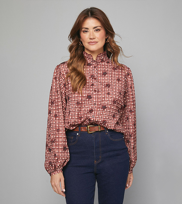 Checkered Ruffle Collar Button Top