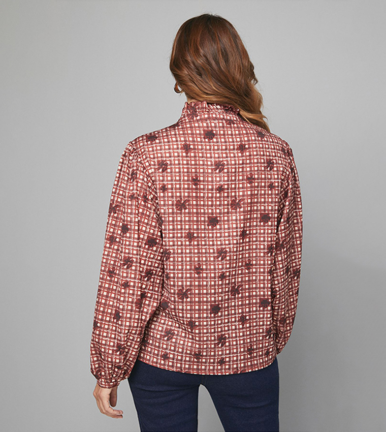 Checkered Ruffle Collar Button Top