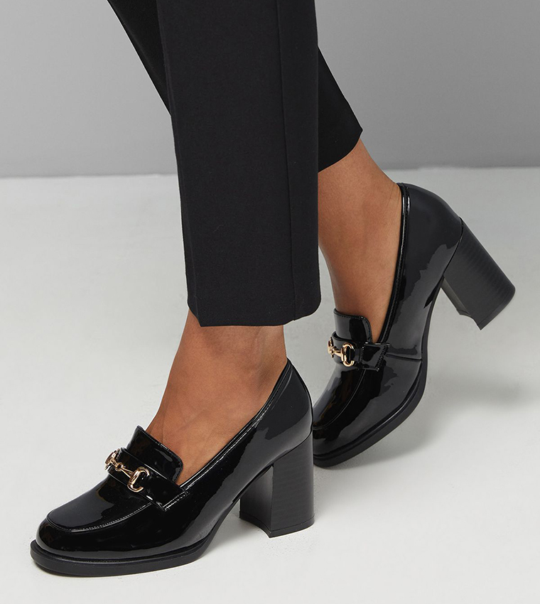 Wide Fit Daffie Snaffle Trim High Block Heeled Loafers