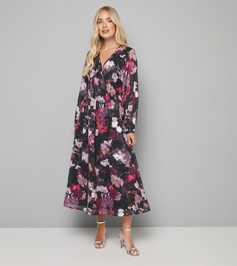 Petite Floral Jacquard Ruffle Midi Dress