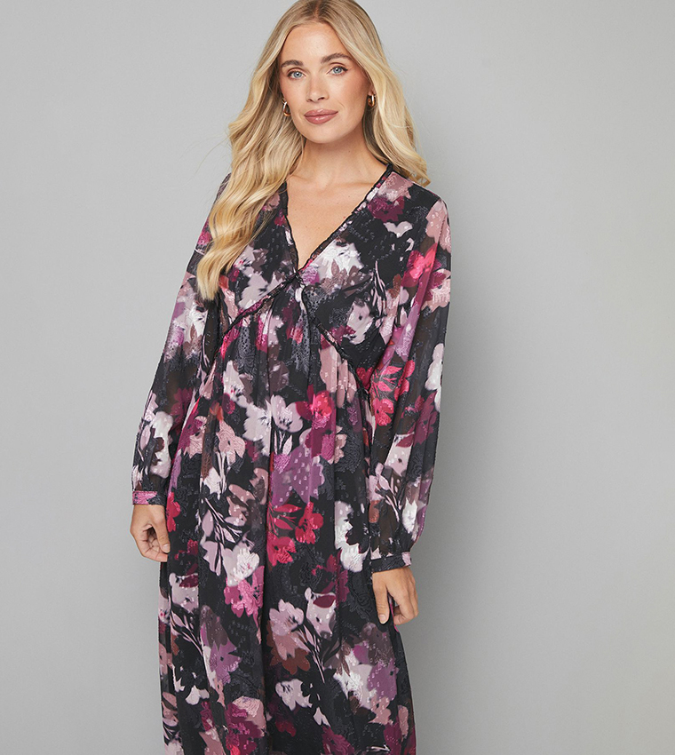 Petite Floral Jacquard Ruffle Midi Dress