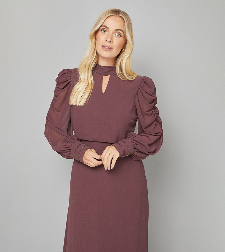 Petite Embellished Ruched Sleeves Midi Dress