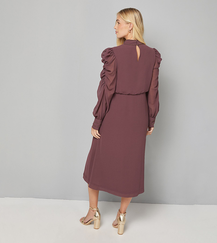 Petite Embellished Ruched Sleeves Midi Dress