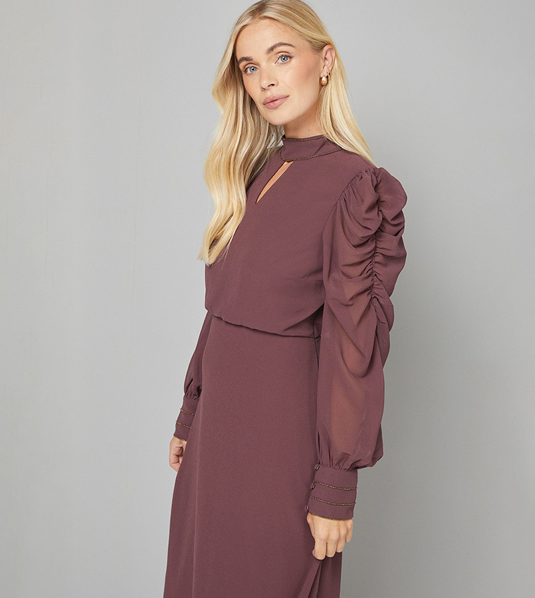 Petite Embellished Ruched Sleeves Midi Dress