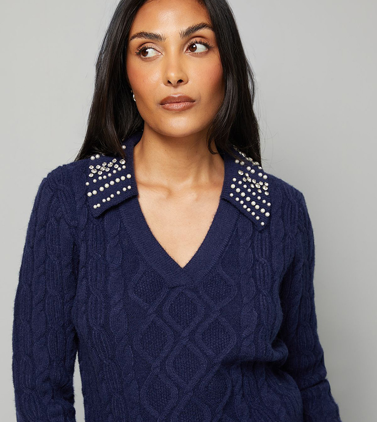 Buy Wallis Petite Cable Embellished Polo Neck Sweater In Navy