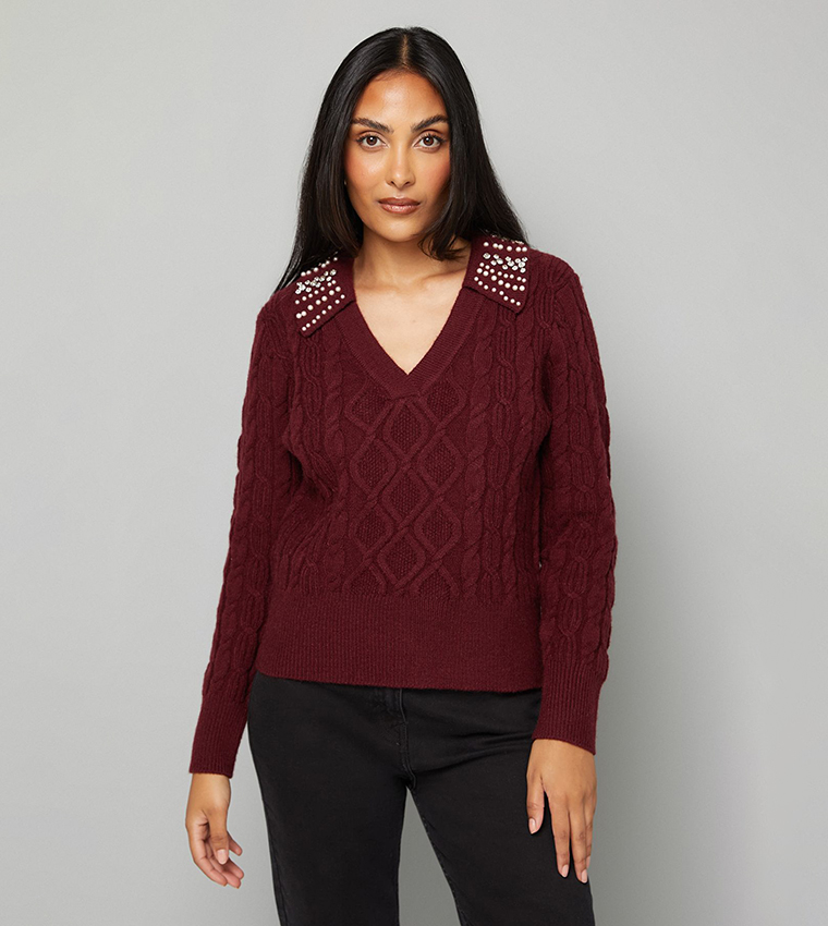 Buy Wallis Petite Cable Knit Embellished V Neck Sweater In Purple