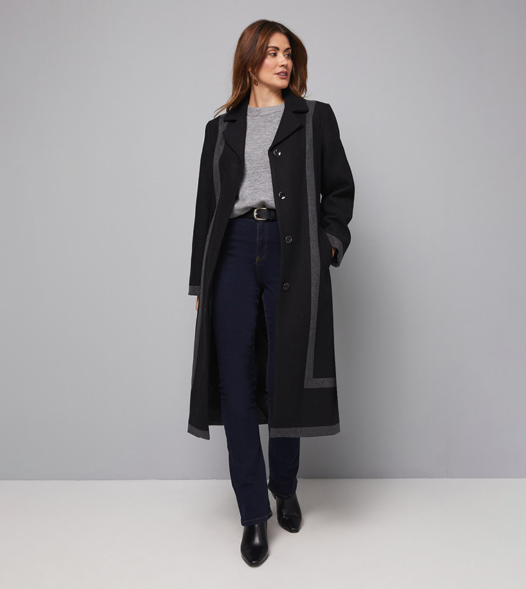 Long Sleeves Contrast Detail Belted Coat
