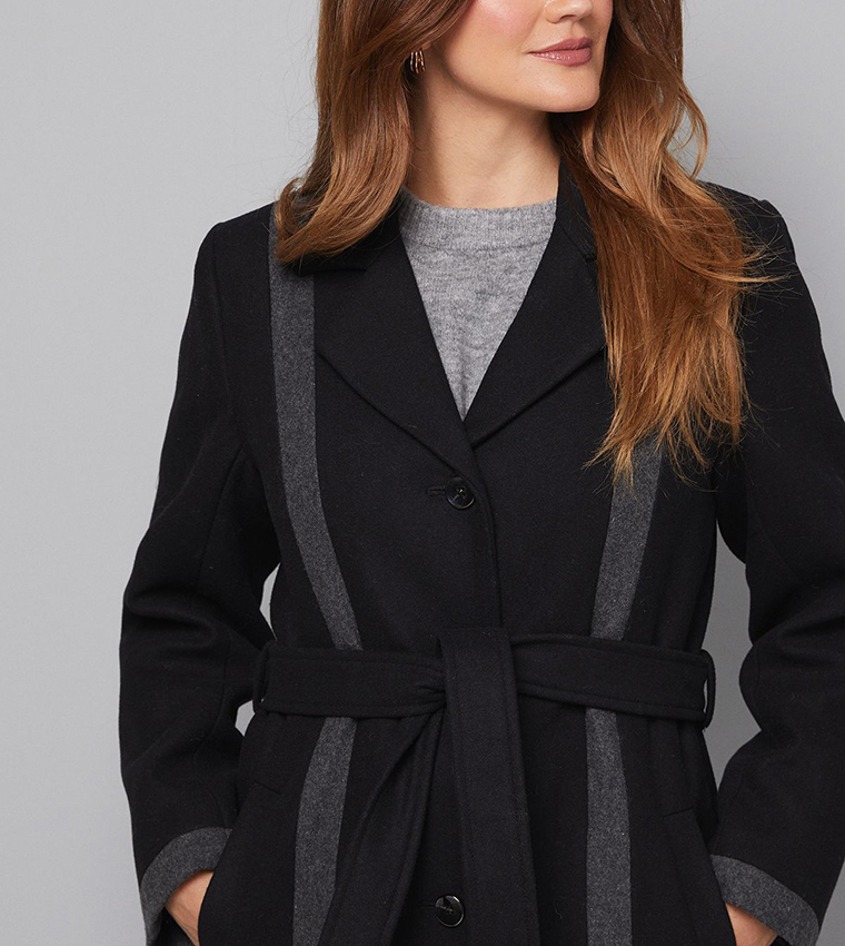Long Sleeves Contrast Detail Belted Coat