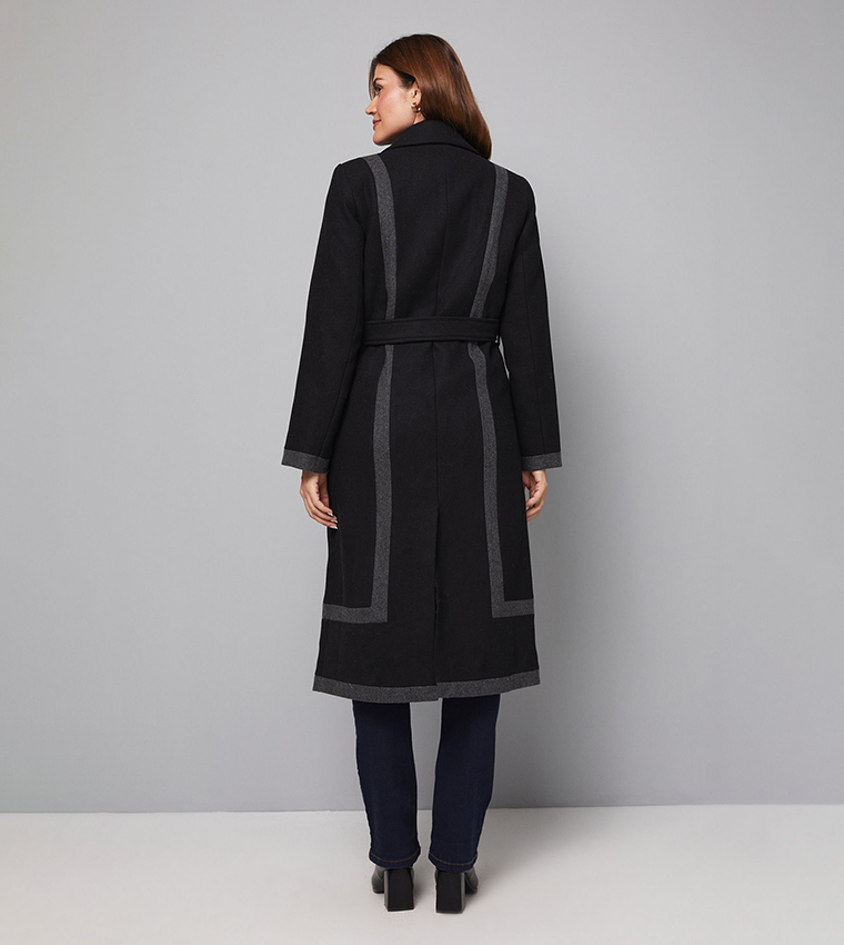 Long Sleeves Contrast Detail Belted Coat