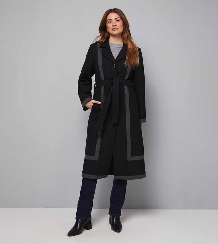 Long Sleeves Contrast Detail Belted Coat