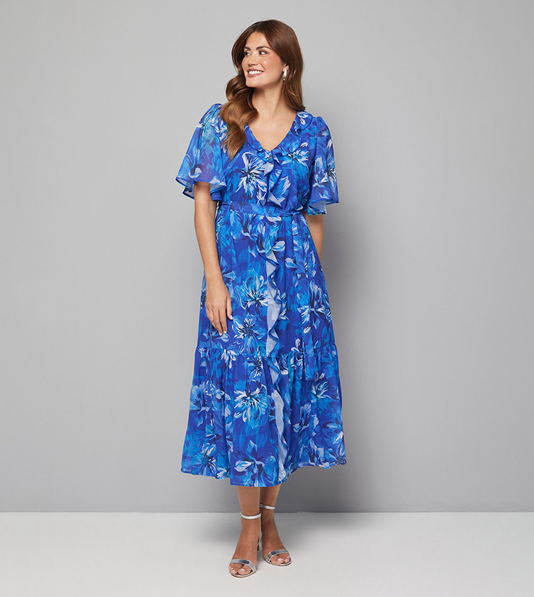 Floral Print Chiffon Ruffle Midi Dress