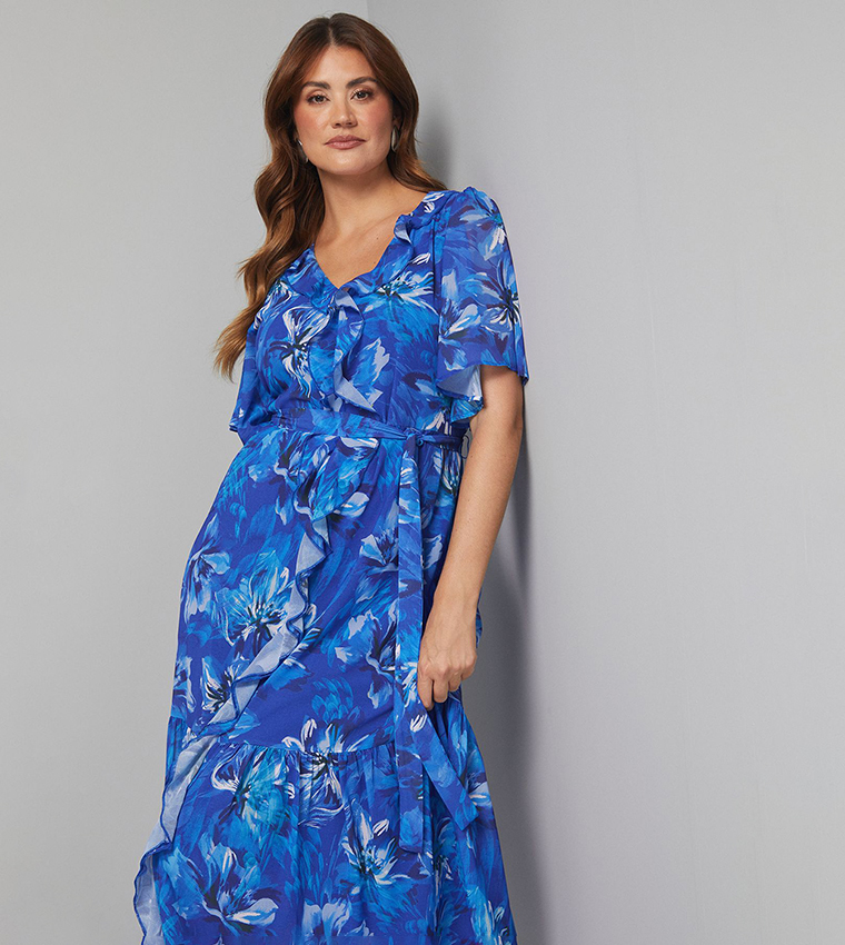 Floral Print Chiffon Ruffle Midi Dress