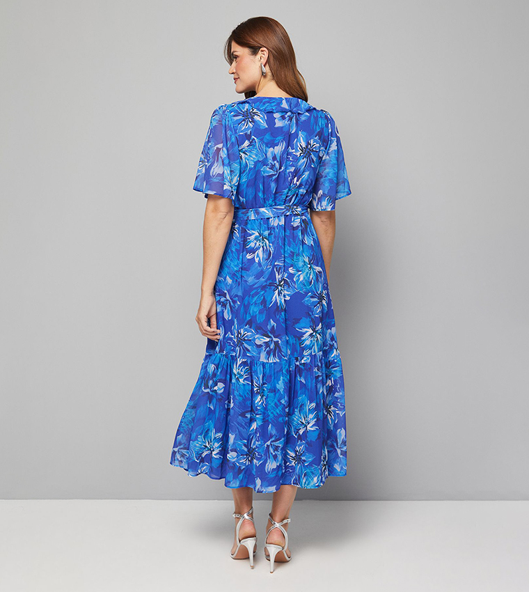 Floral Print Chiffon Ruffle Midi Dress
