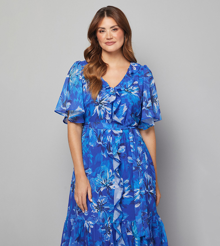 Floral Print Chiffon Ruffle Midi Dress