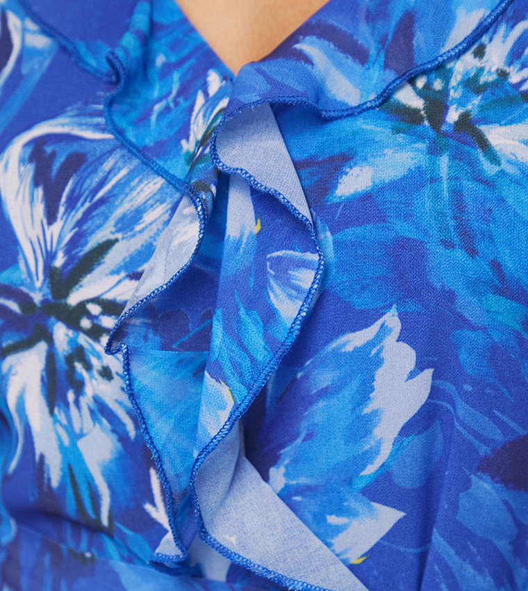 Floral Print Chiffon Ruffle Midi Dress