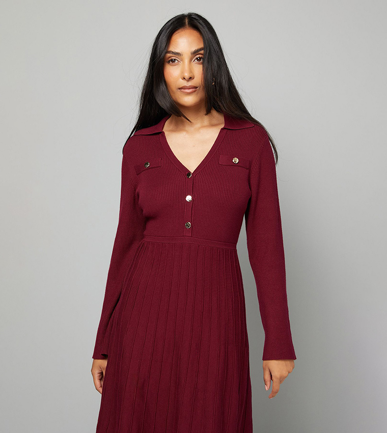 Petite Statement Button Pleated Knitted Dress