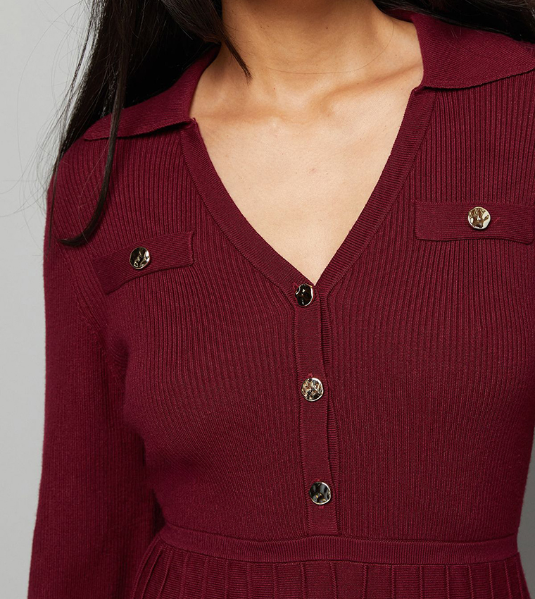 Petite Statement Button Pleated Knitted Dress