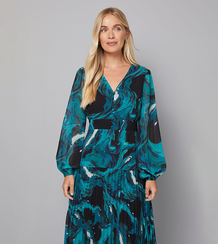 Petite Printed Chiffon Button Detail Midi Dress