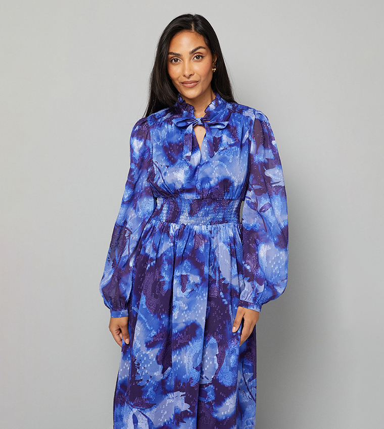 Petite Floral Print Shirred Waist Midi Dress
