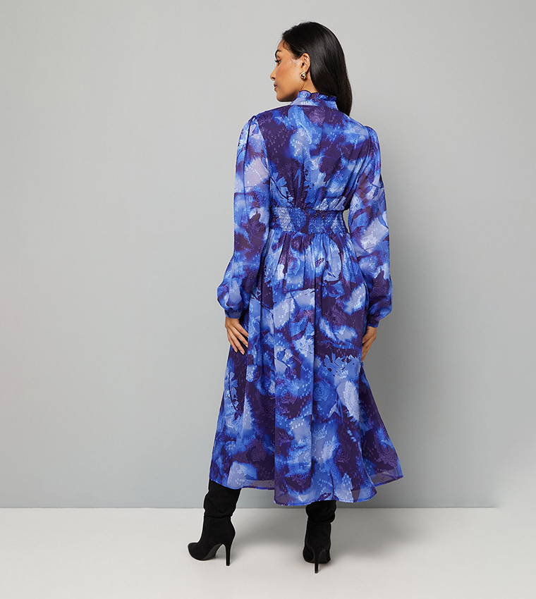 Petite Floral Print Shirred Waist Midi Dress